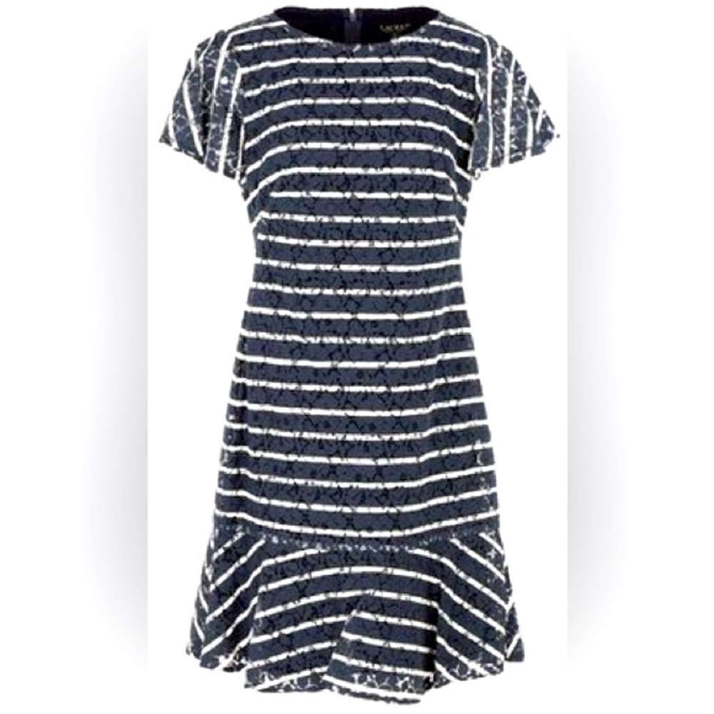 Lauren Ralph Lauren Cap Sleeve Scoop Neck Striped Knit Mesh Flare Dress Size 12P